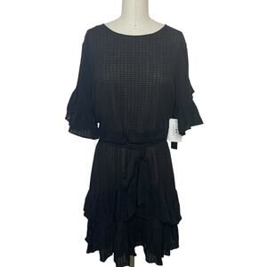 NWT H By Halston Black Sheer Ruffled Mini Dress Flare Sleeve Waist Tie Size 6